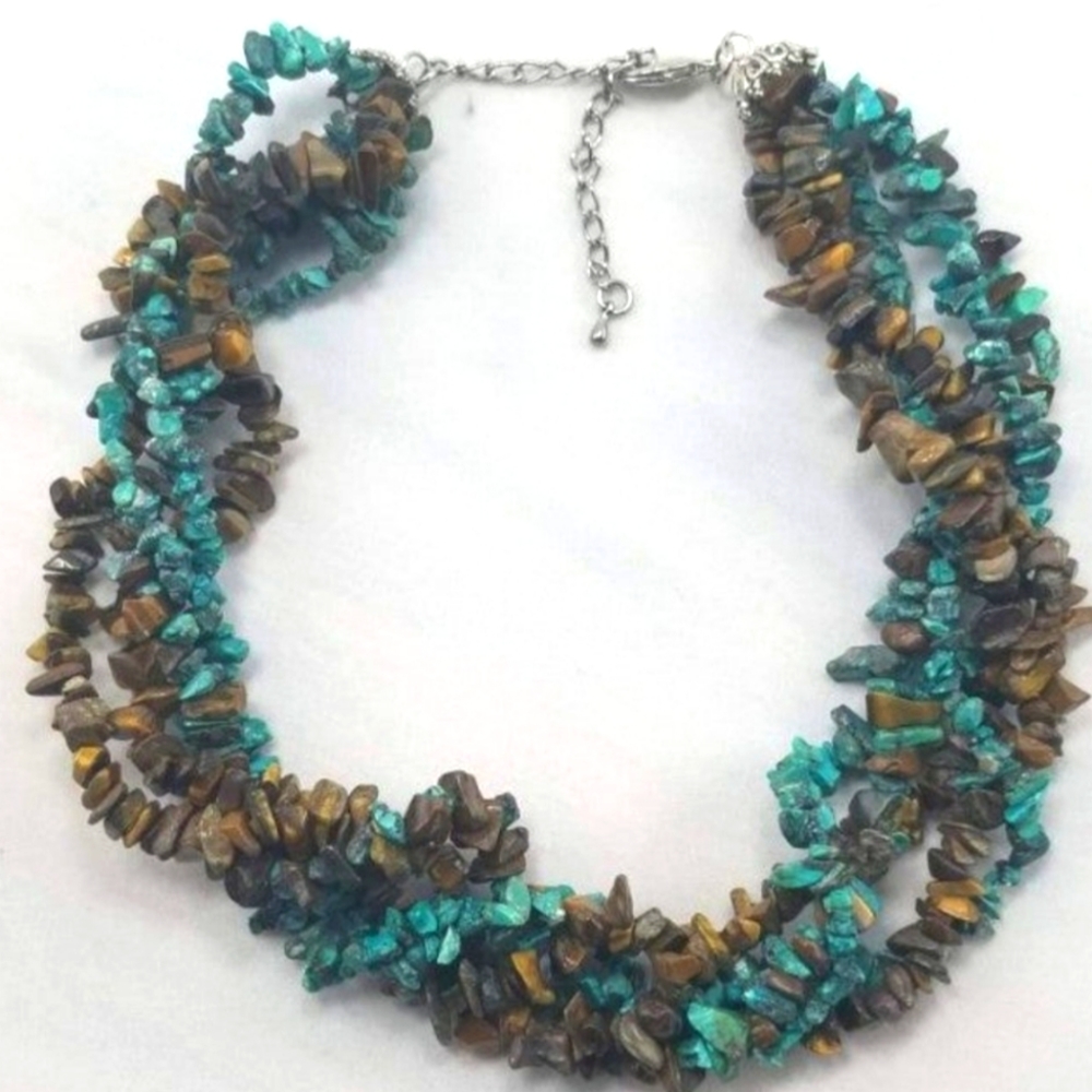 Turquoise and Tigers Eye Natural Stone Multi Strand Necklace.Gorgeous necklace